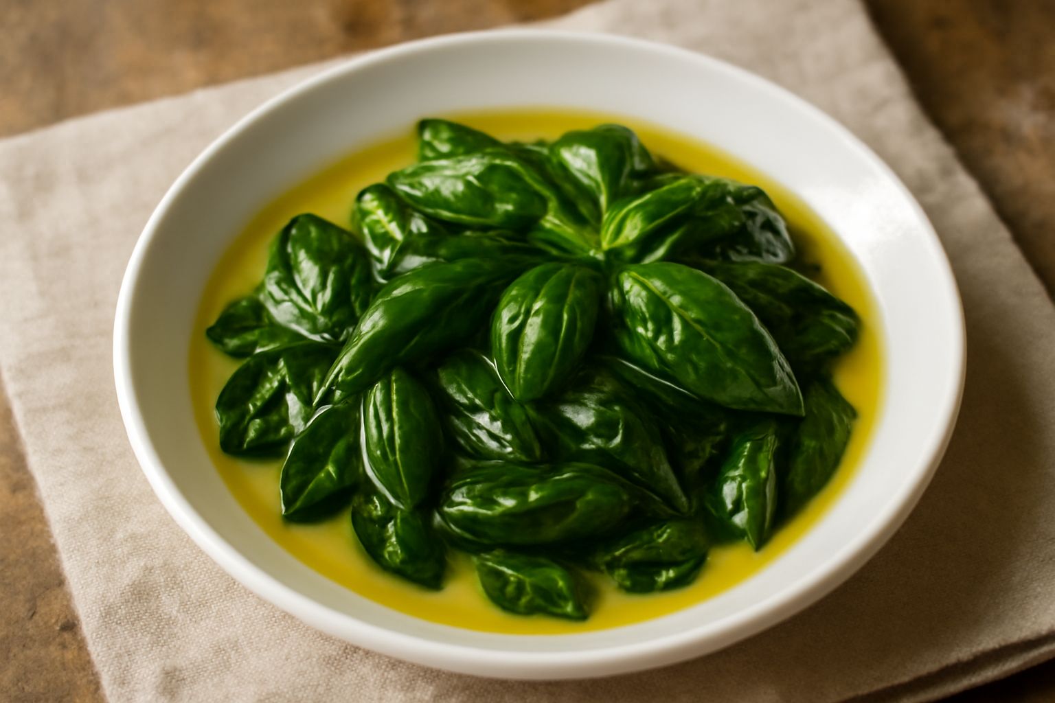 Barattolo di vetro trasparente pieno di foglie di basilico verde brillante immerse in olio dorato, con alcune foglie intere visibili e olio che ricopre il tutto, posto su un piano bianco con una fogli