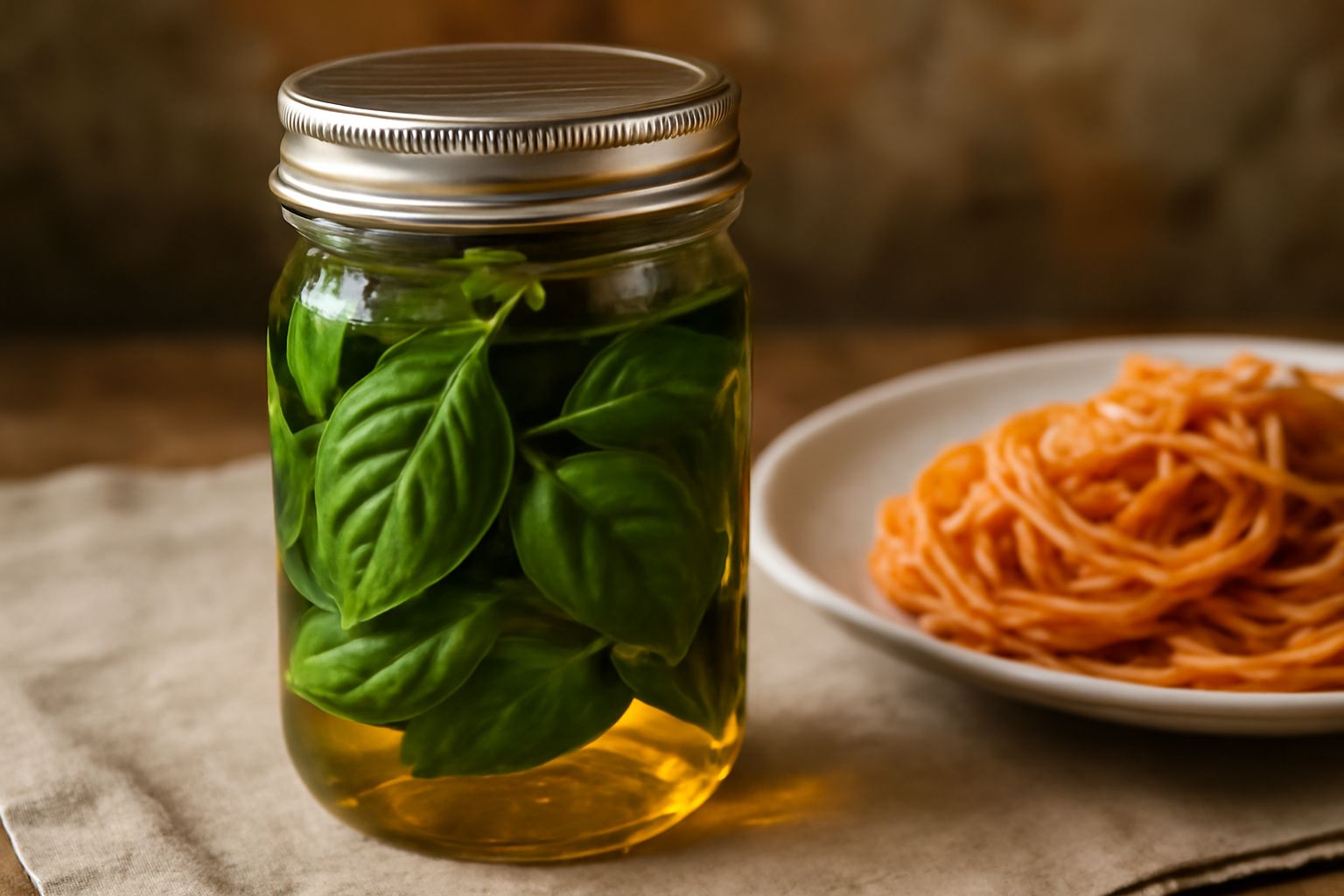 Barattolo di vetro trasparente pieno di foglie di basilico verde intenso sommerse in olio dorato, chiuso con tappo di metallo, su sfondo neutro con una foglia di basilico fresco accanto