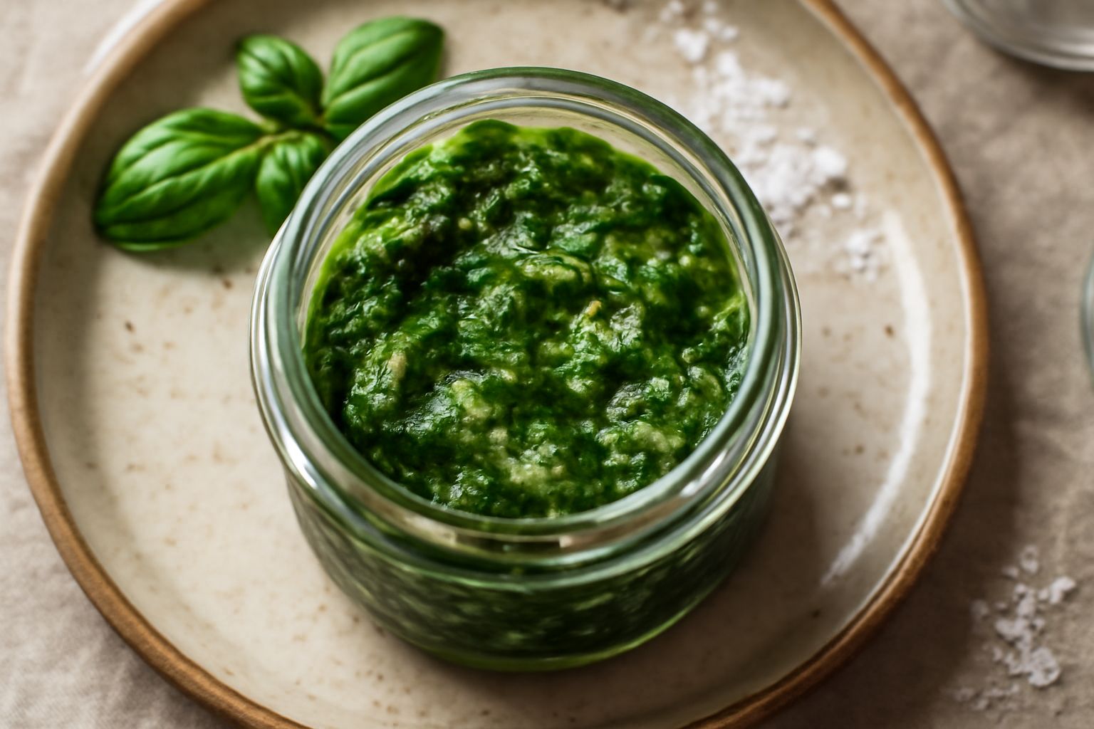 Barattolo di vetro trasparente riempito di basilico verde scuro mescolato con sale grosso bianco, fogliecompresse, su sfondo bianco con una rametto di basilico fresco accanto