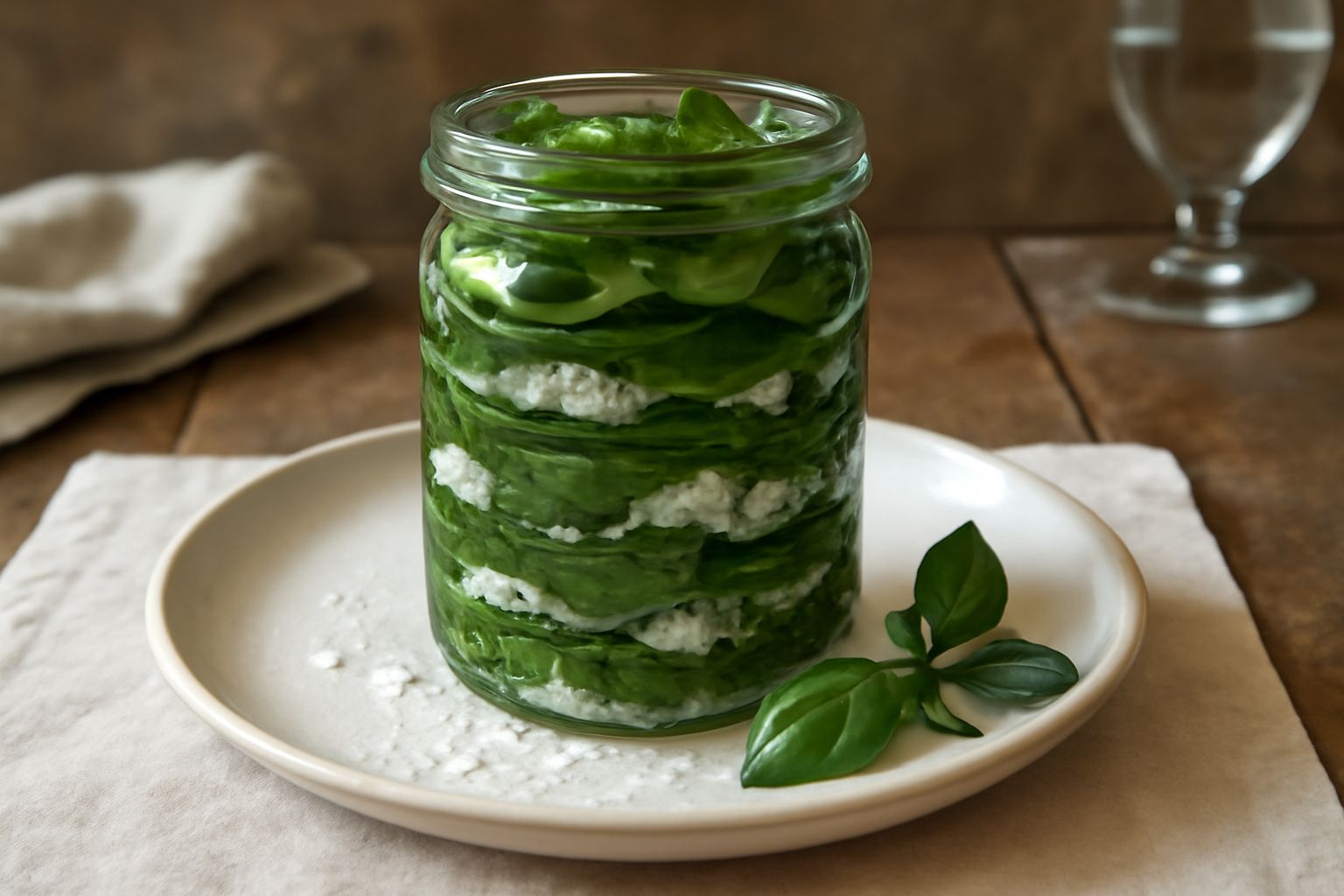 Vasetto di vetro con foglie di basilico verde brillante immerse in sale cristallino bianco, sfumature di verde oliva sulle foglie, poca luce che attraversa il vetro trasparente