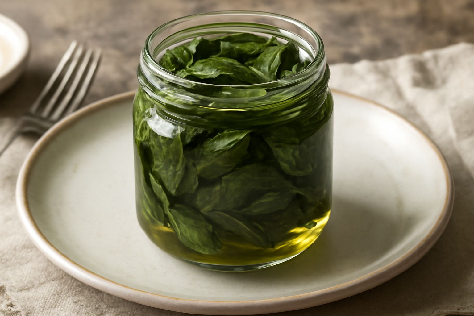 Barattolo di vetro con basilico verde scuro immerso in olio dorato, foglie intere visibili attraverso il vetro, tappo ermetico chiuso, su sfondo bianco