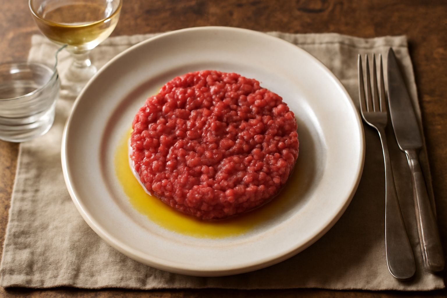 Battuta al coltello in piatto bianco, carne tritata finemente disposta in cumulo centrale, colore rosso vivo, condita con olio d'oliva e pepe nero, decorata con foglie di prezzemolo fresco