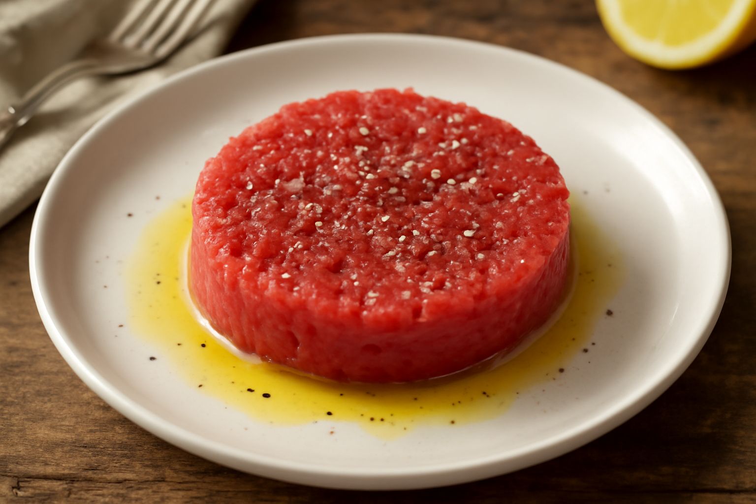 Battuta di carne disposta nel piatto bianco, di colore rosso intenso, irrrigata da filo di olio verde oliva, con scaglie di sale marino e grani di pepe nero visibili in superficie, guarnizione di prez