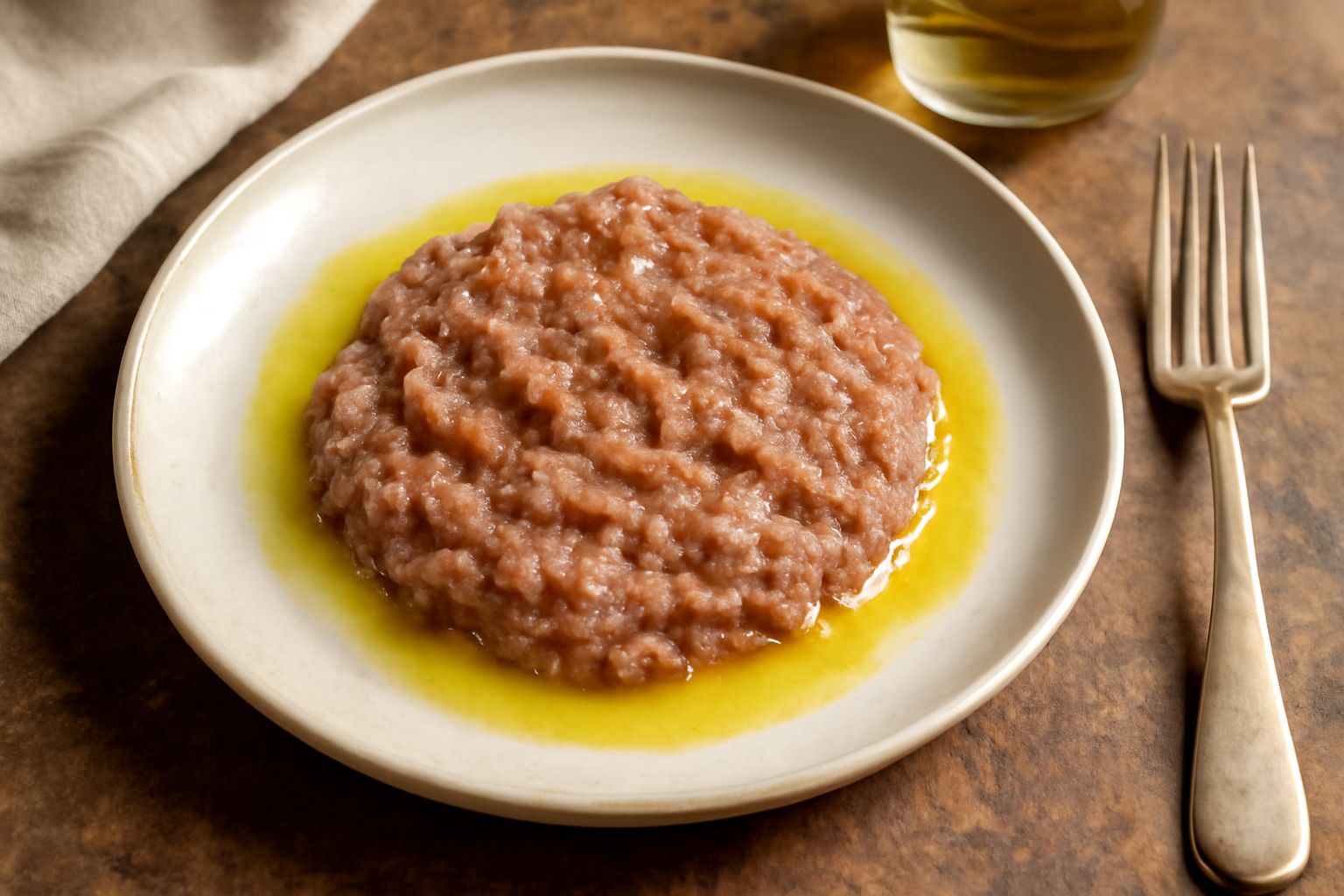 Battuto di alici cremoso color grigio-bianco in ciotola bianca, preparato con alici fresche, sale e posate da cucina vintage su tavolo di legno scuro