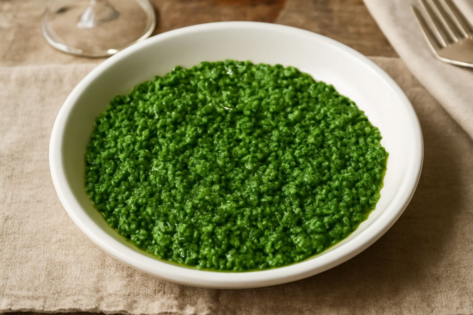 Battuto di erbe aromatiche verde brillante su una superficie bianca, tritato finemente, con foglie di prezzemolo, basilico e rametti di rosmarino ancora visibili