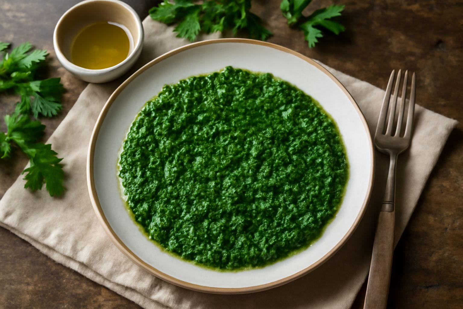 Battuto di prezzemolo fresco verde brillante tritato finemente in una ciotola bianca, con foglie intere di prezzemolo accanto e spicchi d'aglio su un tagliere di legno