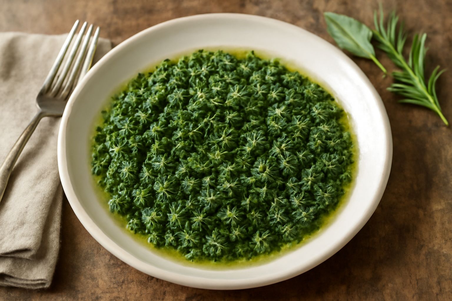 Battuto di salvia e rosmarino tritato finemente in un piatto bianco, con frammenti verdi di erbe aromatiche e gocce di olio d'oliva, accanto a rami freschi di salvia e rosmarino