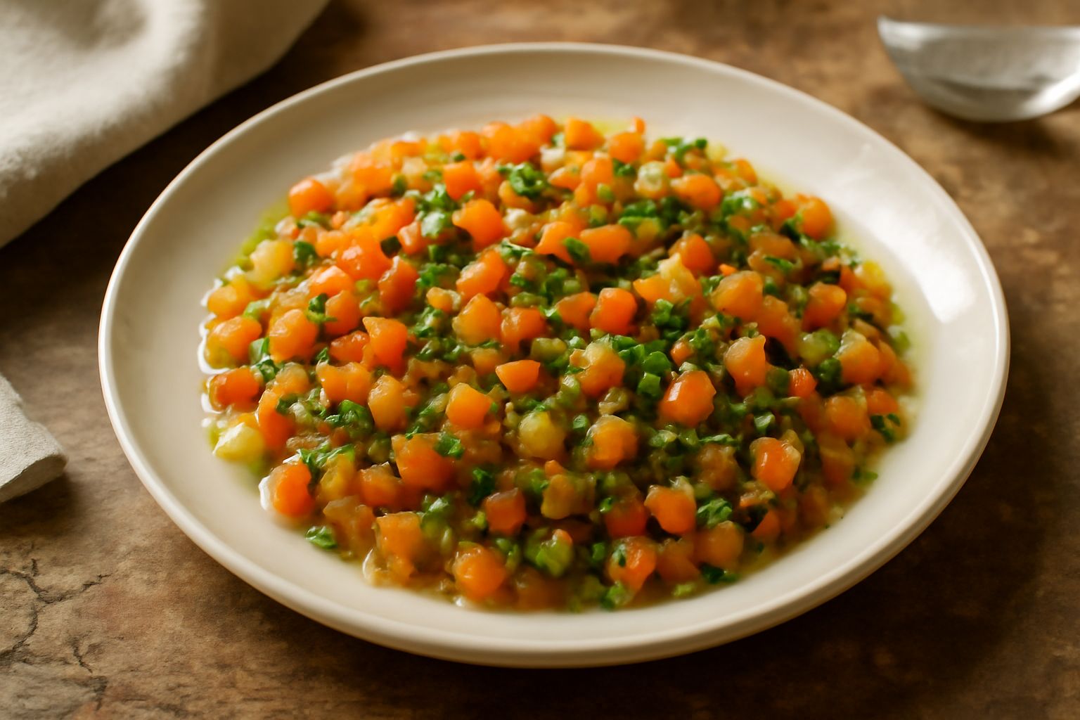 Battuto di verdure tritato finissimo su tagliere di legno, con cubetti di carota arancione, sedano bianco e prezzemolo verde, accanto a mezzaluna d'acciaio