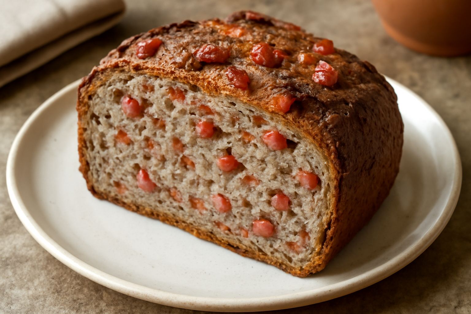 Fetta di pane scuro con visibili cubetti di pancetta rosa affumicata, crosta spessa e dorata, servita con burro su piatto in ceramica con sfondo rustico