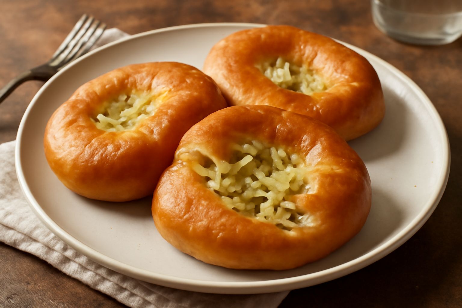 Bauernkrapfen dorati e croccanti serviti nel piatto, ripieni di cavolo bianco e cipolla, interi e tagliati a metà per mostrare il ripieno verde e bianco, spolverati leggermente di zucchero semolato