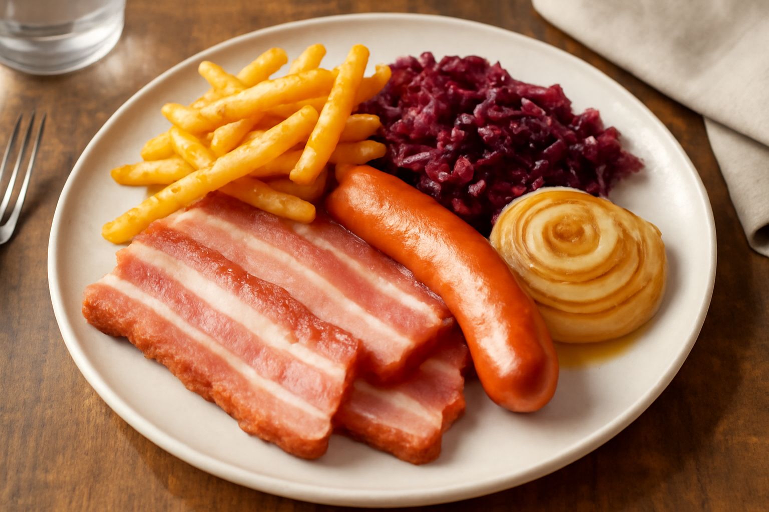 Piatto ovale bianco con carni affumicate dorate, patate croccanti tagliate a bastoncino, cavolo rosso rosso intenso stufato e cipolla bionda glassata, contorni ben separati