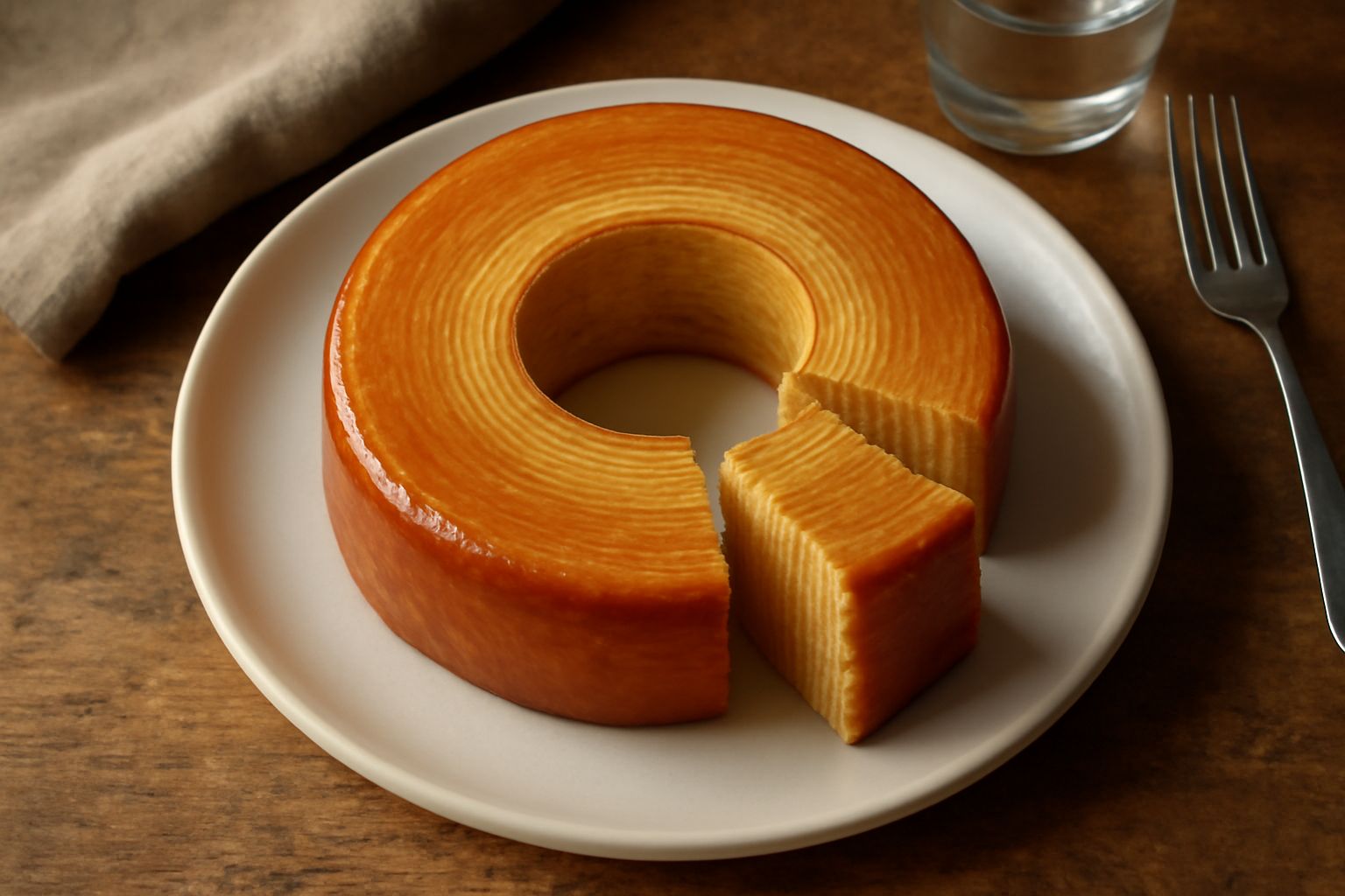Una fetta di Baumkuchen affettata verticalmente su un piatto bianco, con strati concentrici color ambra dorato, glassa bianca sulla punta, sfondo neutro
