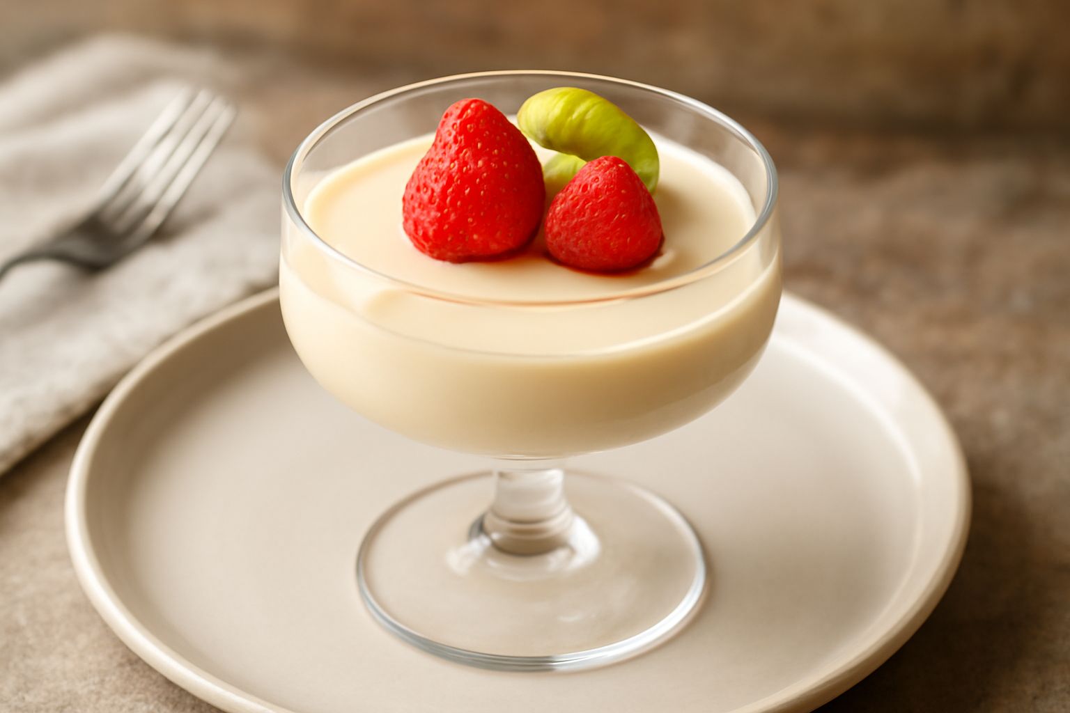 Bavarese cremosa in bicchiere di cristallo, decorata con fragola rossa in cima, crema bianca e liscia, sfondo bianco neutro, illuminazione naturale da lato