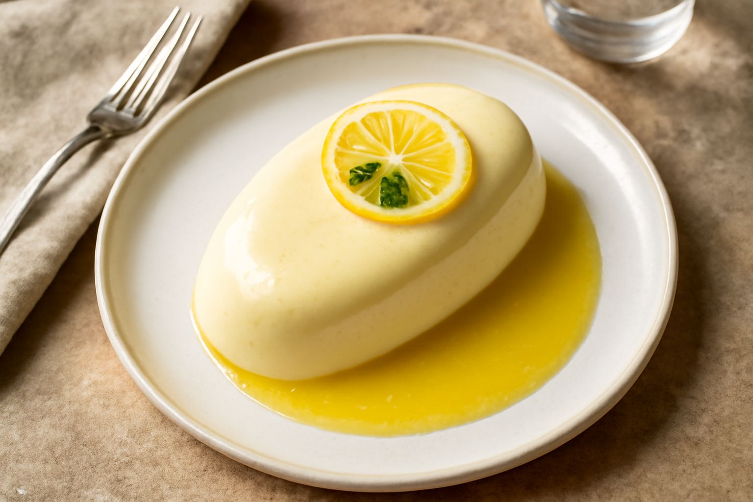 Bavarese al limone smoldato su piatto bianco, forma ovale color crema chiaro con riflessi giallastri, superficie liscia, contornata da una salsa gialla limone e decorata con scorza di limone candita, 
