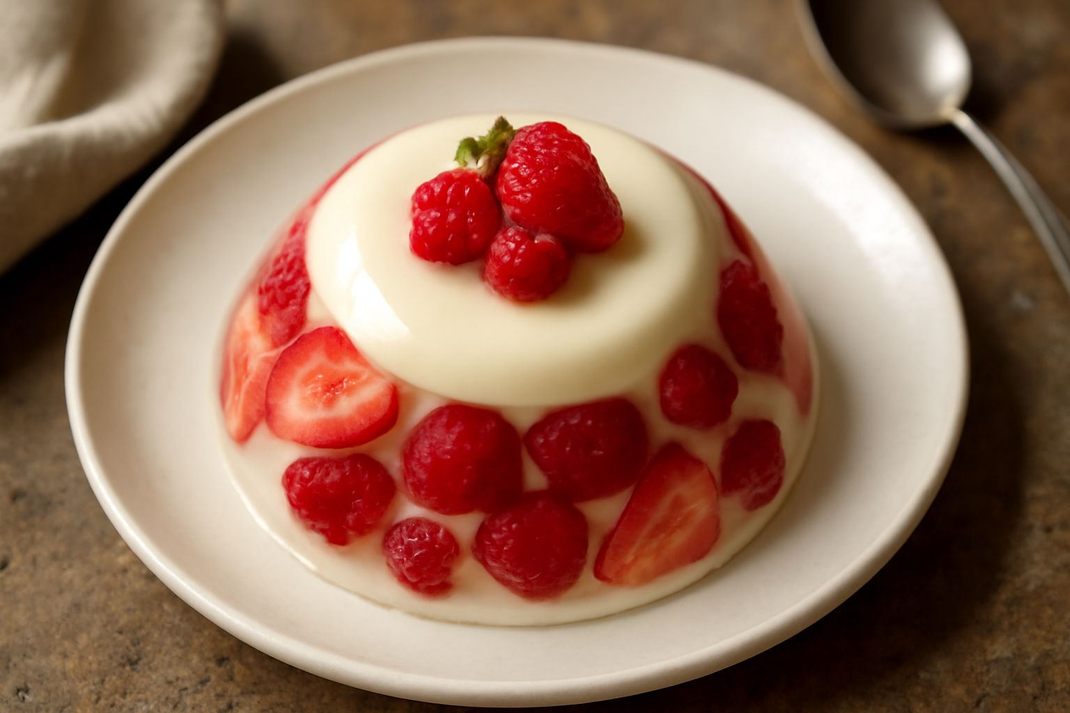 Una bavarese di frutta a strati dentro uno stampo da budino: base trasparente con frutti rossi interi, strato cremoso bianco, frutta fresca sulla superficie. Sfondo bianco, piatto di porcellana.