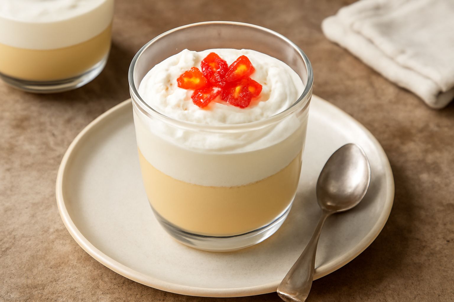 Bavarese lucana in bicchiere trasparente: strati di crema zabaione color avorio, panna montata bianca e frutta candita colorata in superficie, su tavolo di marmo bianco