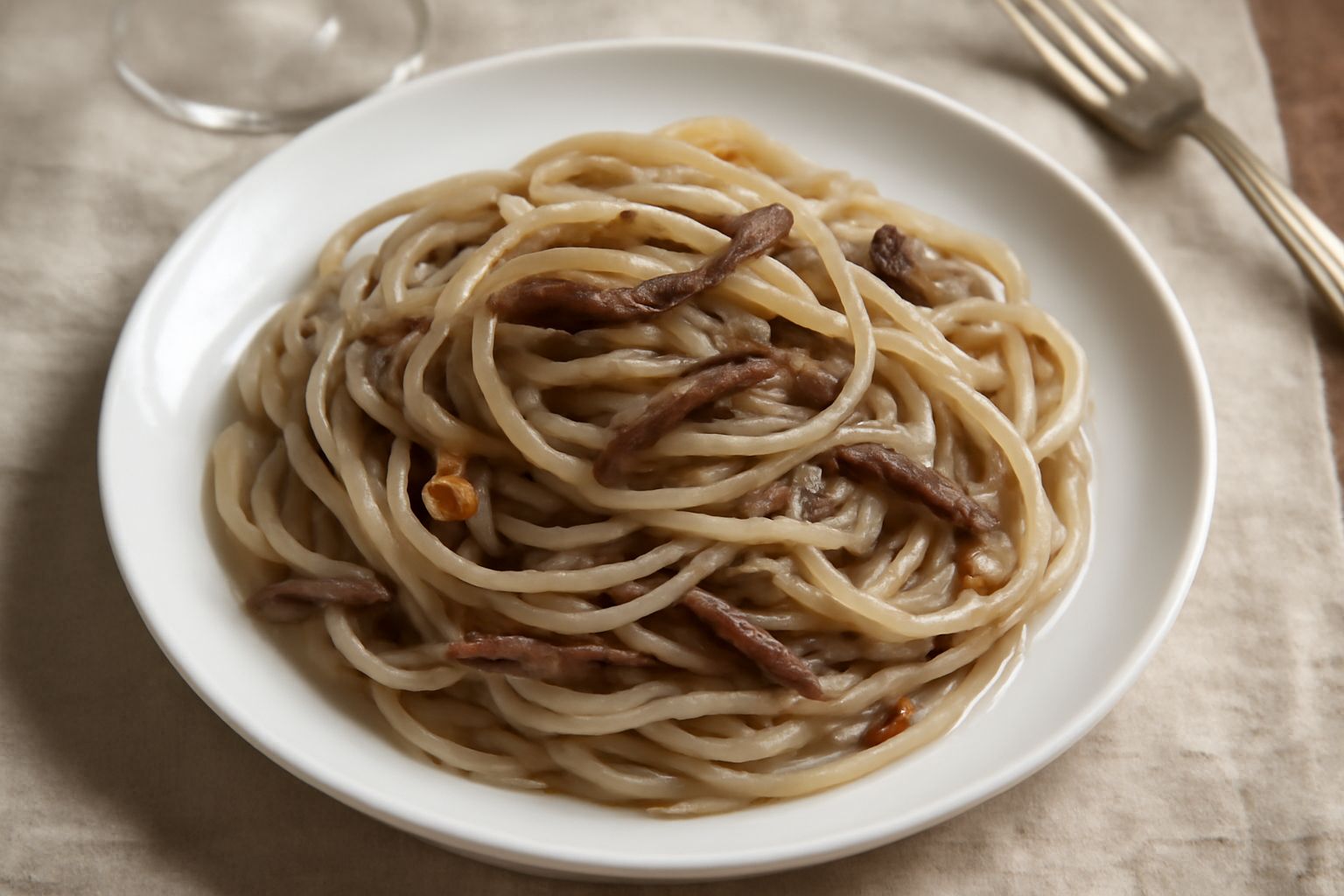 Bavette in bianco condite con acciughe disciolte, filo di olio d'oliva, aglio croccante e peperoncino rosso, servite in piatto bianco con limone accanto