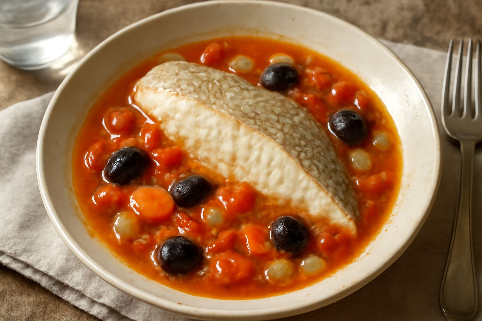 Bavosa intera cotta in umido in una pentola di terracotta, circondata da pomodori pelati rossi, olive nere intere, sedano e carota tagliati, brodo trasparente, pesce bianco con pelle integra, impiatta