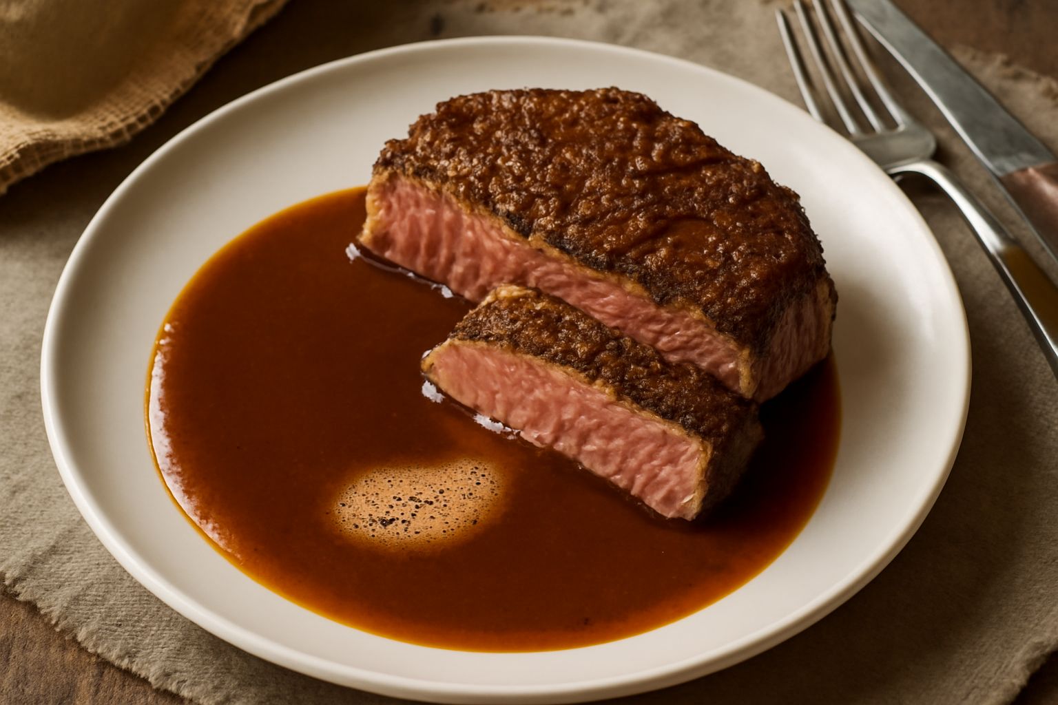 Salsa di birra marrone scuro in una ciotola di ceramica bianca, con la consistenza lucida e cremosa, accanto a un bicchiere di birra scura e un cucchiaio di legno