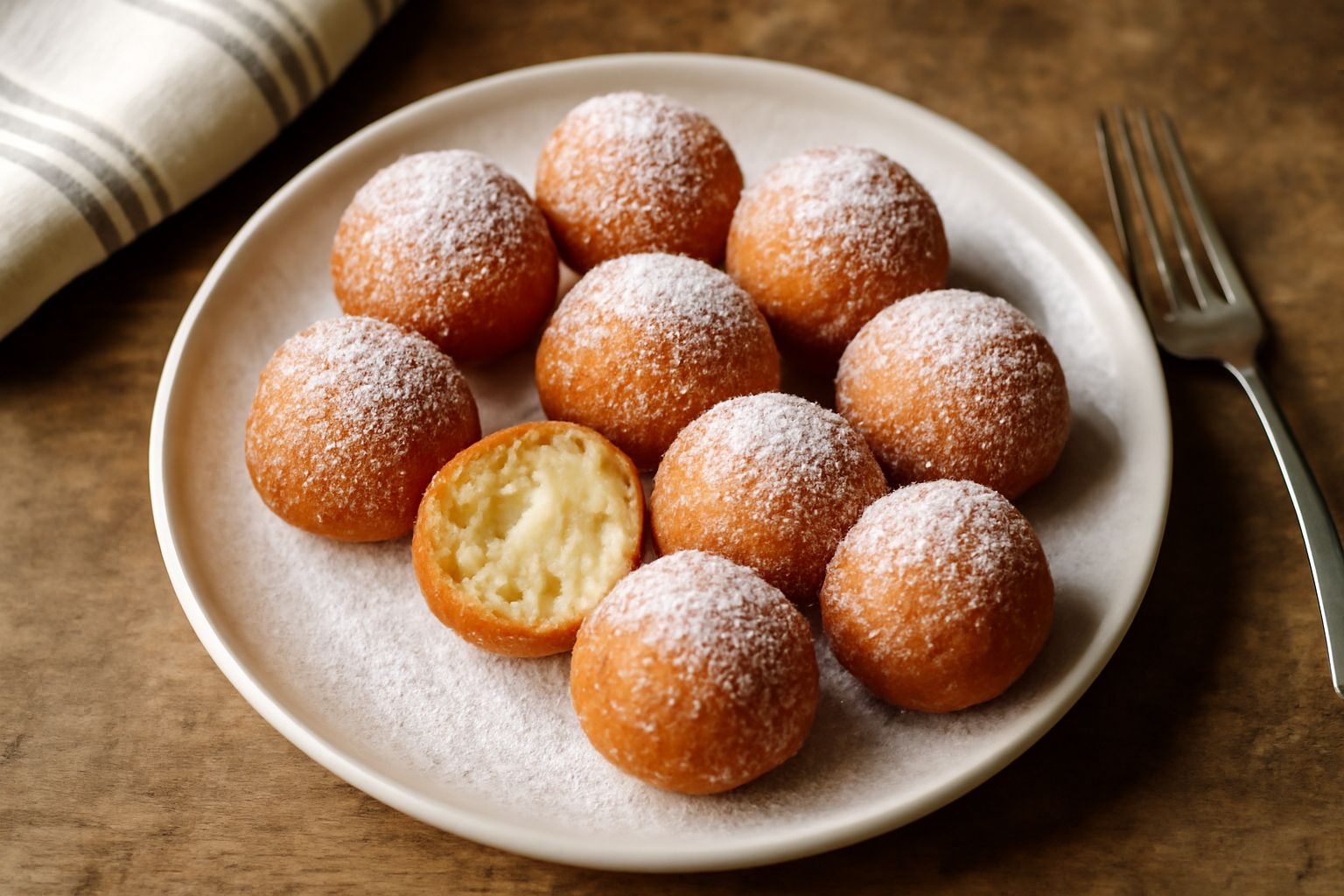 Beignet di ricotta dorati appena fritti, polvere di zucchero bianca in superficie, impilati su carta bianca con contorno di zucchero semolato, sfondo neutro di legno chiaro