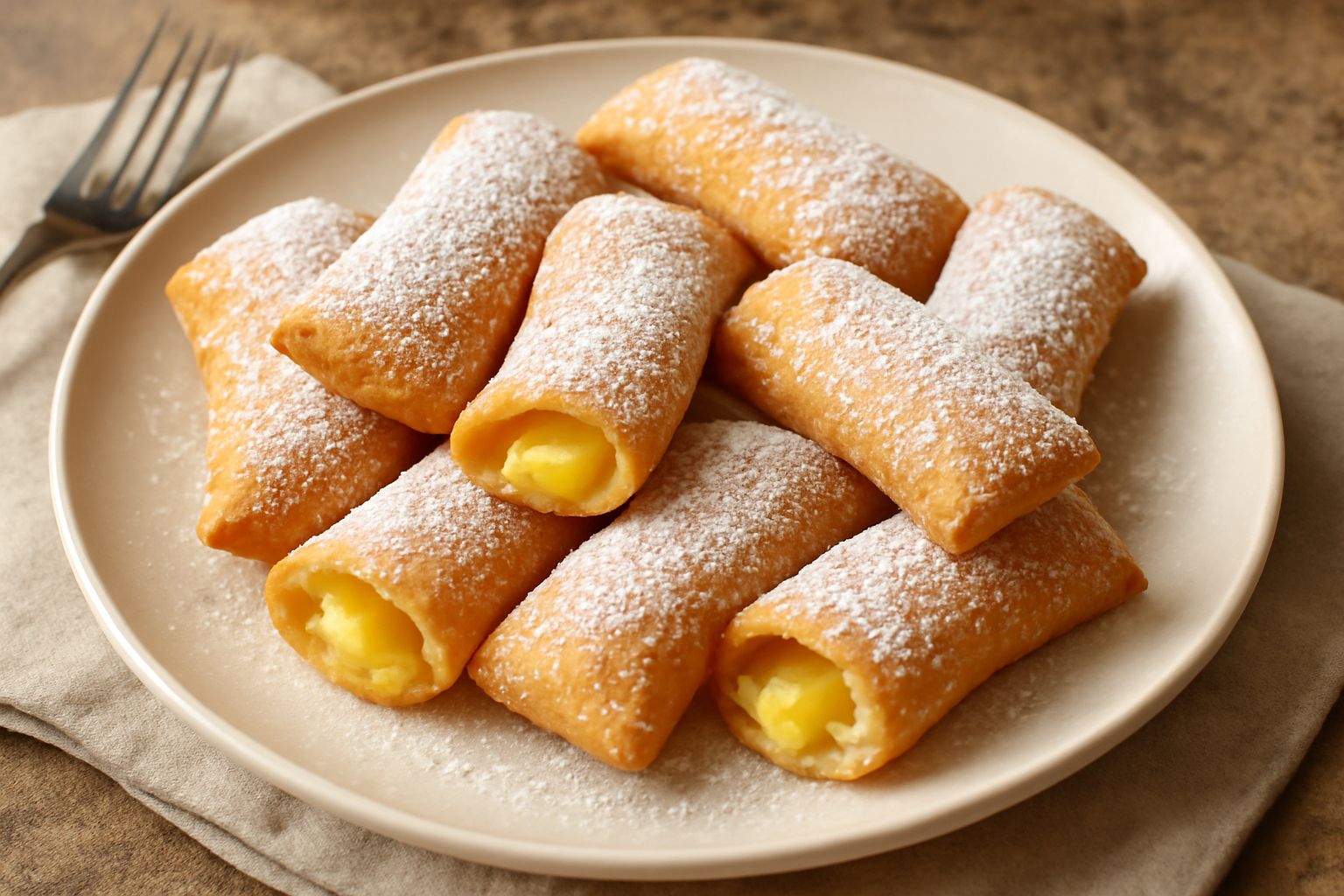 Beignets piacentini disposti su piatto bianco, dorati e lucenti, ricoperti di zucchero a velo, con un bicchiere di latte caldo accanto e una piccola ciotola di crema pasticcera