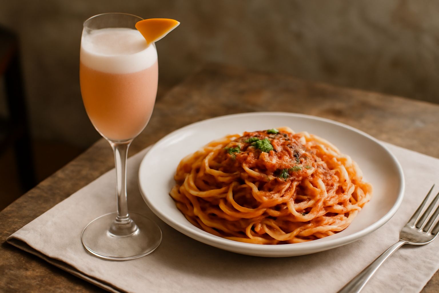 Bicchiere flute con bevanda color corallo, schiuma rosa in superficie, prosecco chiaro e purea di pesche morbida, su tavolo bianco con una pesca fresca accanto