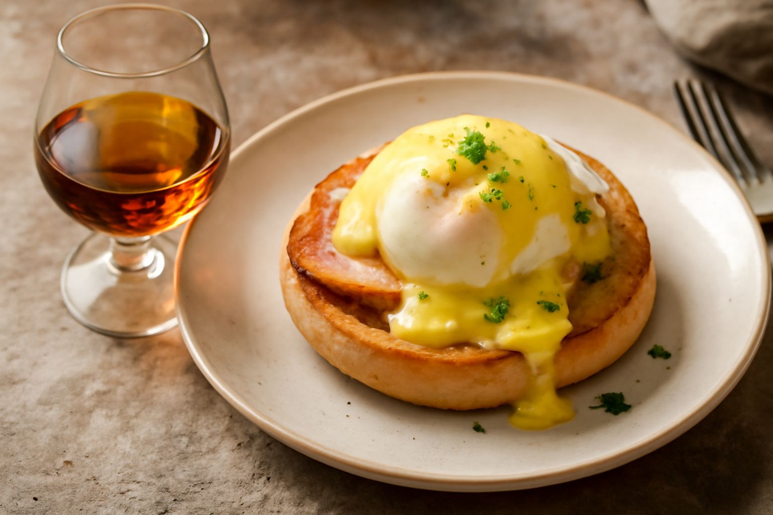 Bicchiere snifter con liquore Benedictine color ambra dorato, trasparente, su sfondo scuro con bottiglia in vetro scuro sullo sfondo e una sottile guarnizione di arancia fresca