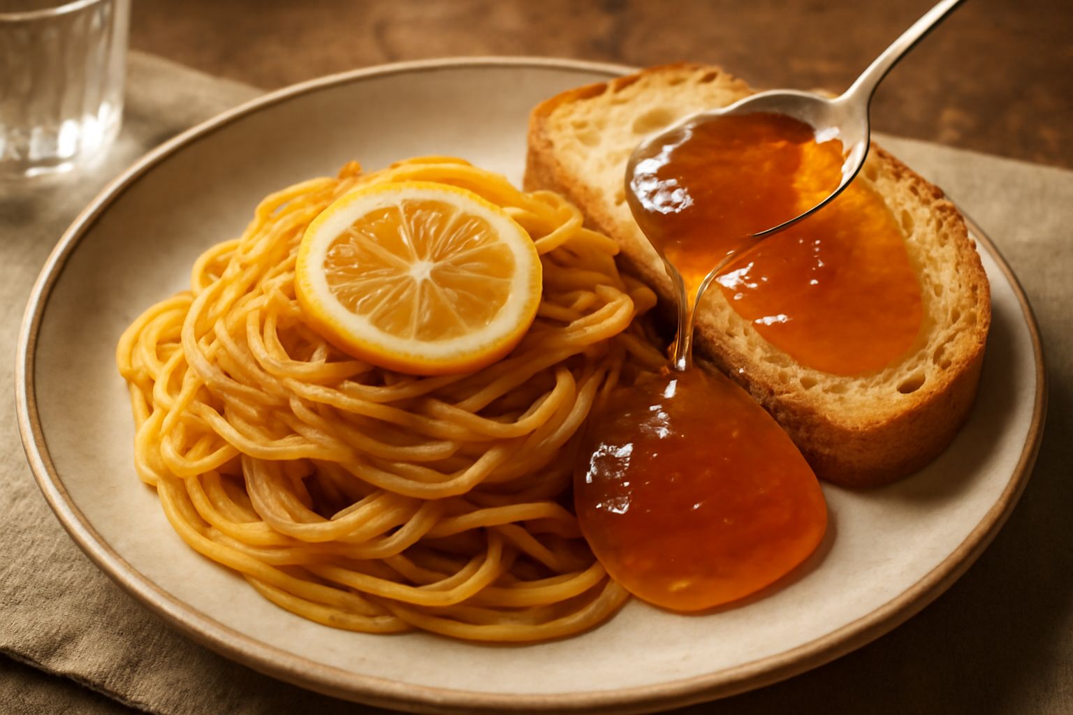 Marmellata di bergamotta color ambra in un barattolo di vetro trasparente, superficie lucida e brillante, bergamotte fresche tagliate a metà accanto, sfondo bianco naturale