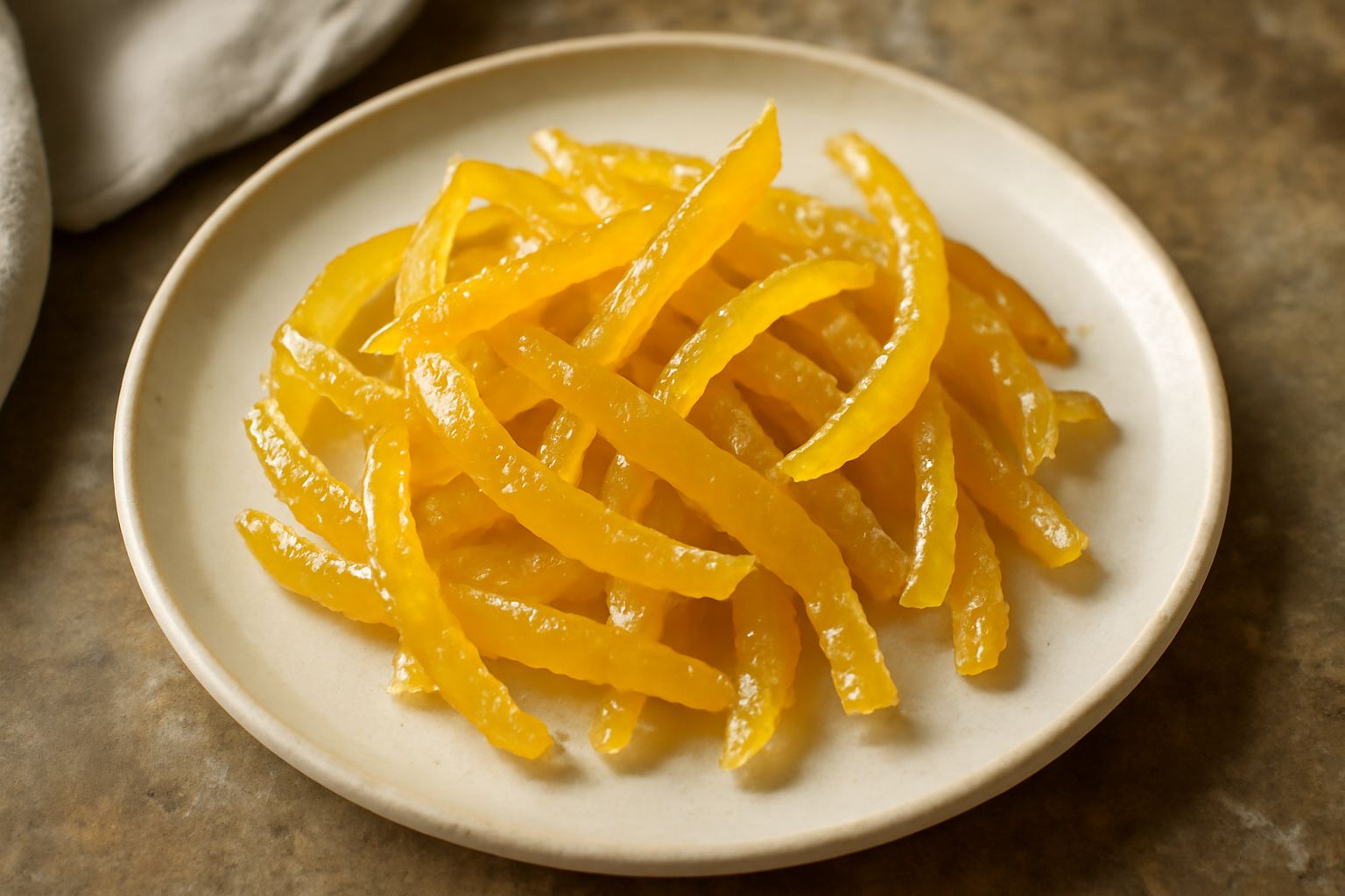 Scorzette di bergamotta candita lucide e dorate, disposte su carta forno con cristalli di zucchero semolato, sfondo chiaro e naturale