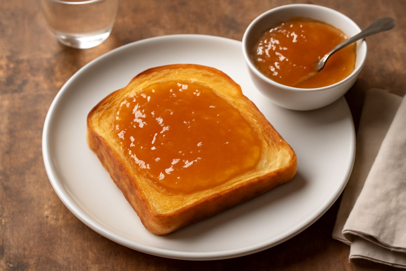 Marmellata di bergamotta color ambra in barattoli di vetro trasparenti con coperchio bianco, circondati da frutti gialli e verdi freschi di bergamotta su un piano di marmo chiaro, con un cucchiaio di 