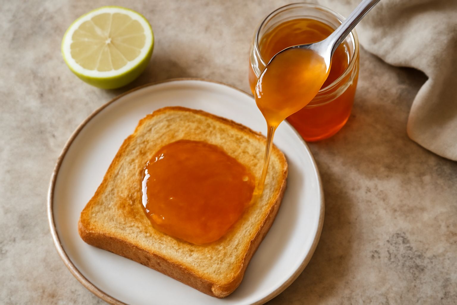Marmellata di bergamotto ambrato scuro in vasetto di vetro trasparente, con tre frutti gialli di bergamotto fresco accanto su tavolo di marmo bianco, luce naturale dal lato
