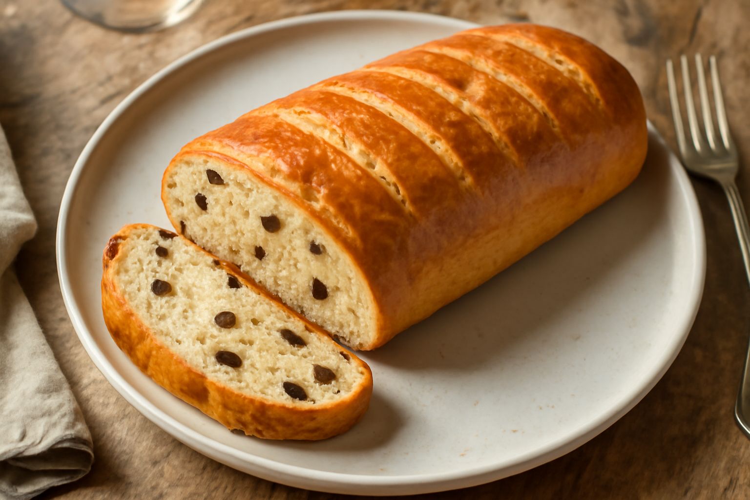 Berlingozzo intero su carta bianca, pane dolce marrone dorato con incisioni in superficie, uvetta nera visibile, si vede la mollica morbida al taglio, profilo del pane ovale leggermente bombato