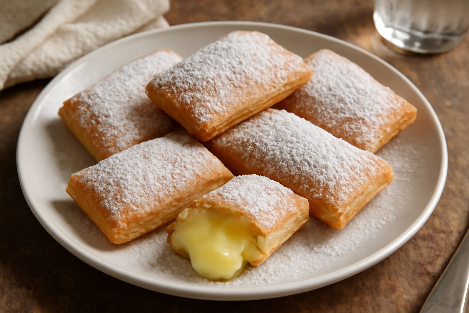 Beurrats dorati appena fritti disposti su un piatto bianco, ricoperti di zucchero a velo, con la crema che fuoriesce dal taglio laterale visibile, su fondo di legno naturale