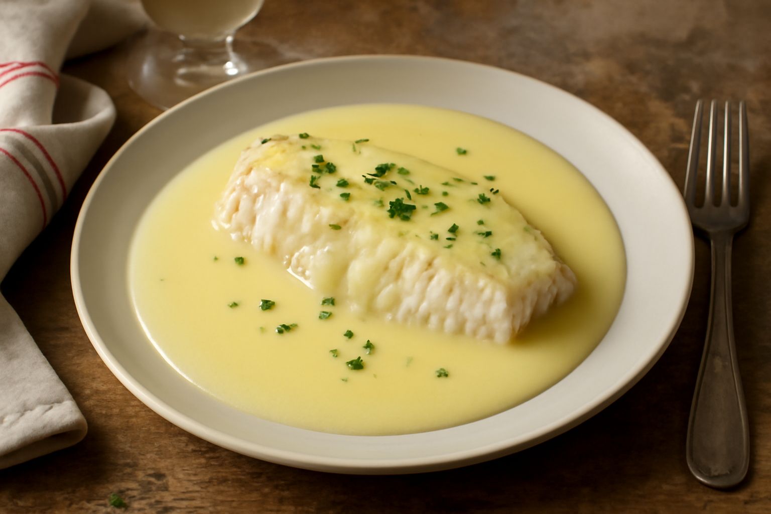 Salsa beurre blanc di color giallo crema, cremosa e lucida, versata su un piatto bianco accanto a filetto di pesce bianco cotto, contornato da asparagi verdi al vapore
