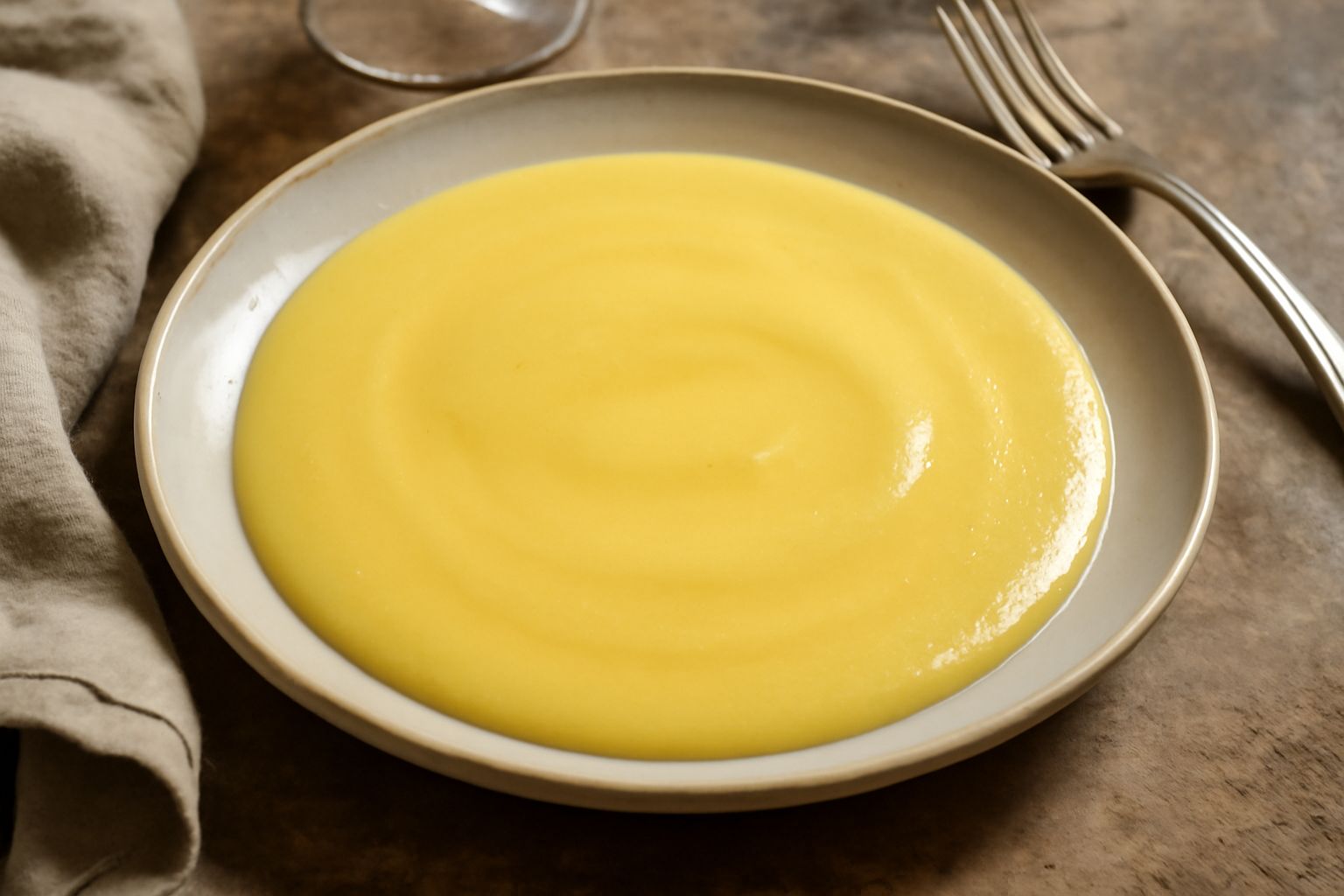 Una salsa cremosa di colore giallo paglierino contenuta in una salsiera bianca, servita accanto a un filetto di pesce bianco. La salsa è lucida e omogenea, con piccole gocce di burro che brillano sull