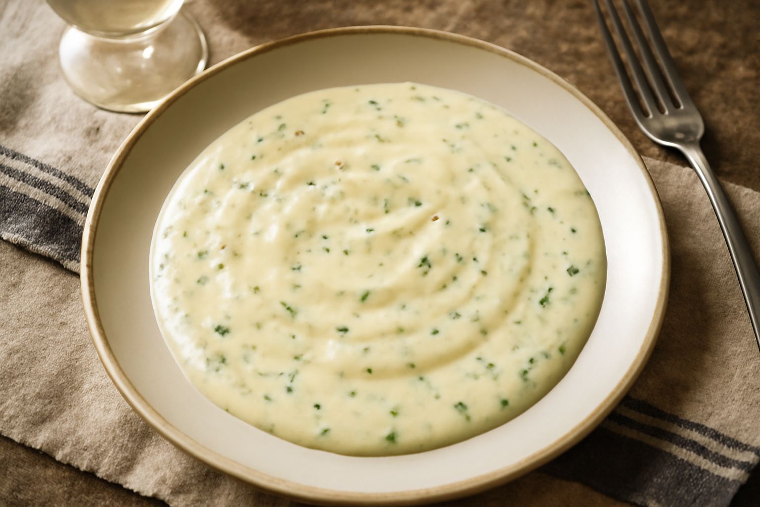 Salsa beurre blanc cremosa e lucida in una ciotola bianca, con piccoli pezzi di scalogno, accanto a un filetto di pesce bianco e verdure grigliate