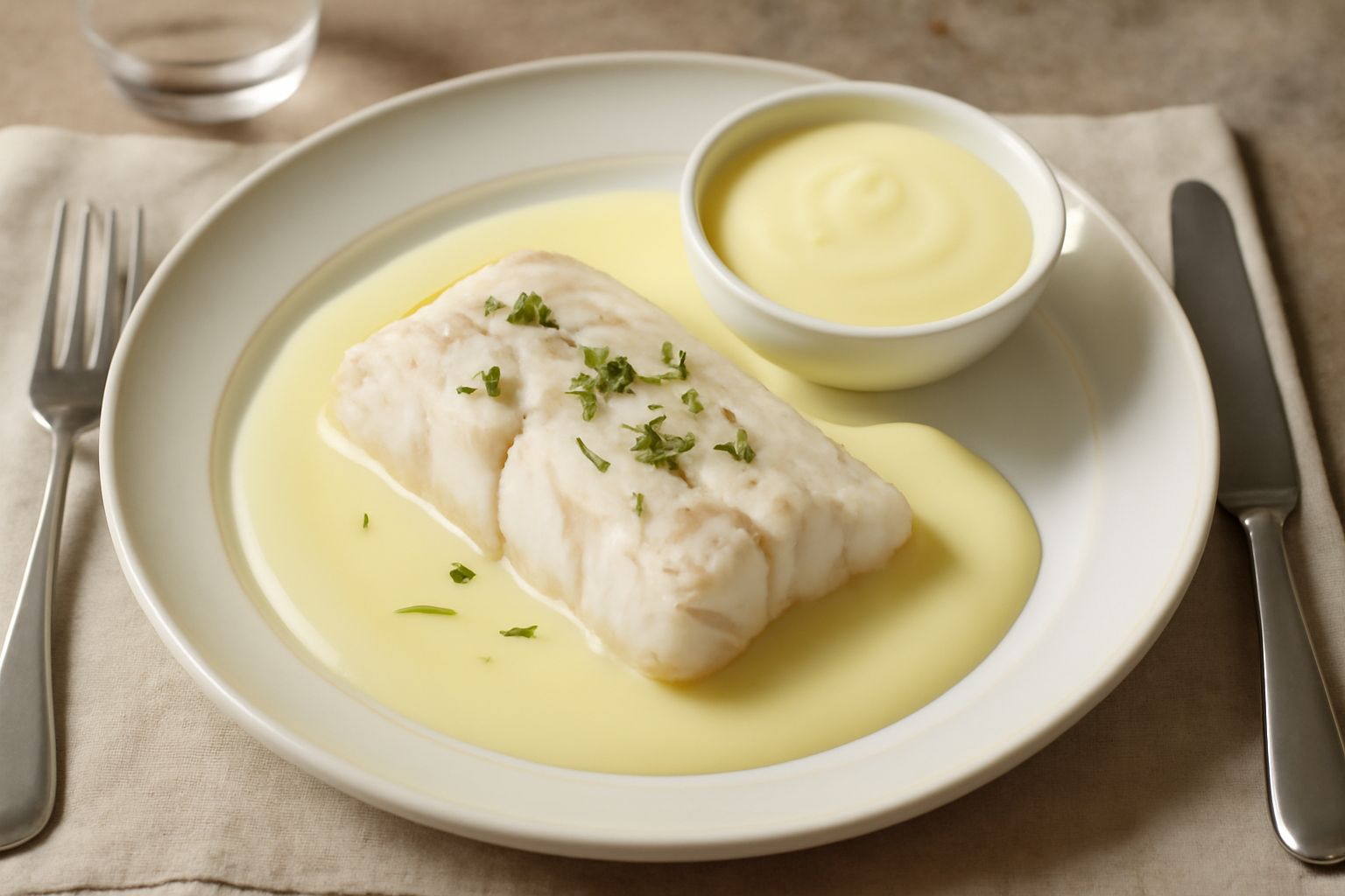 Salsa beurre blanc cremosa e giallo pallido versata su un piatto bianco accanto a filetto di trota fresca, con microerbette e limone affettato sottile