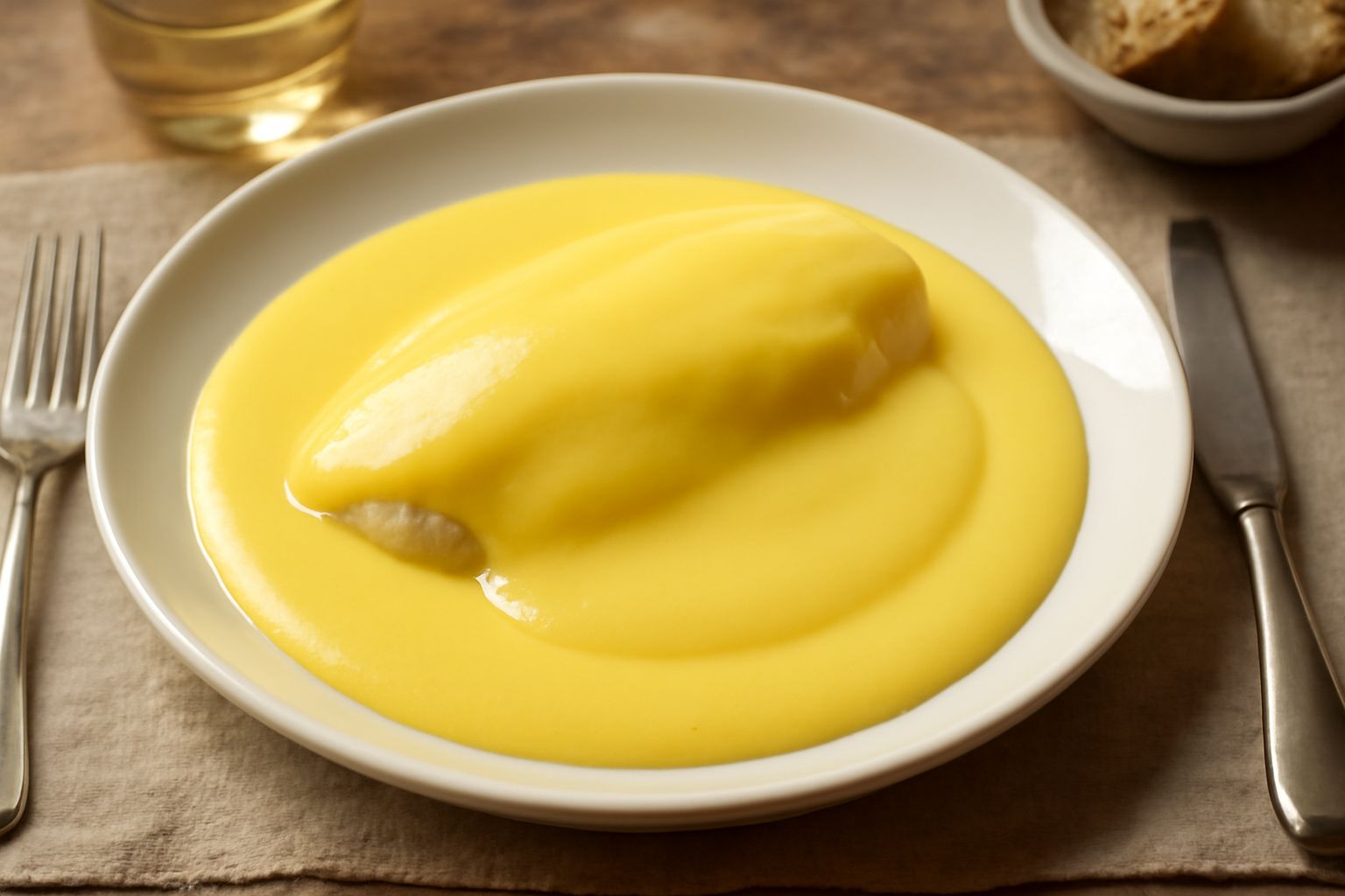 Salsa beurre blanc di colore giallo pallido, cremosa e lucida, servita in ciotola bianca accanto a filetto di pesce bianco e verdure lessate
