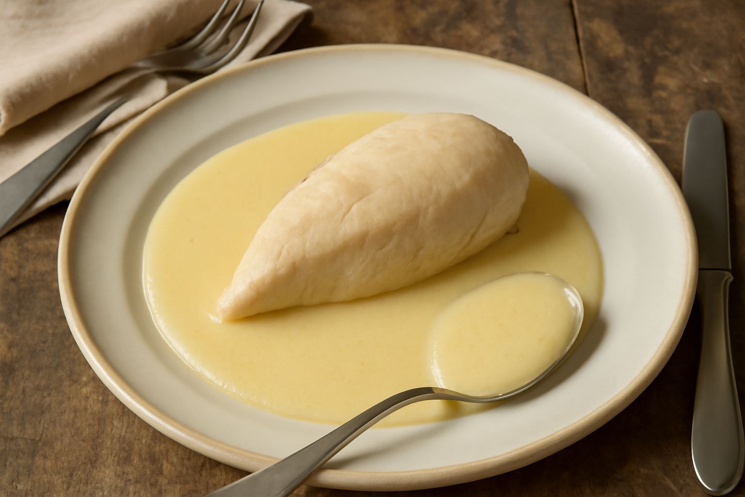 Salsa beurre blanc emiliana di colore giallo pallido con sfumature beige, cremosa e lucida, servita in un cucchiaio da portata sopra filetto di branzino bianco, sfondo bianco