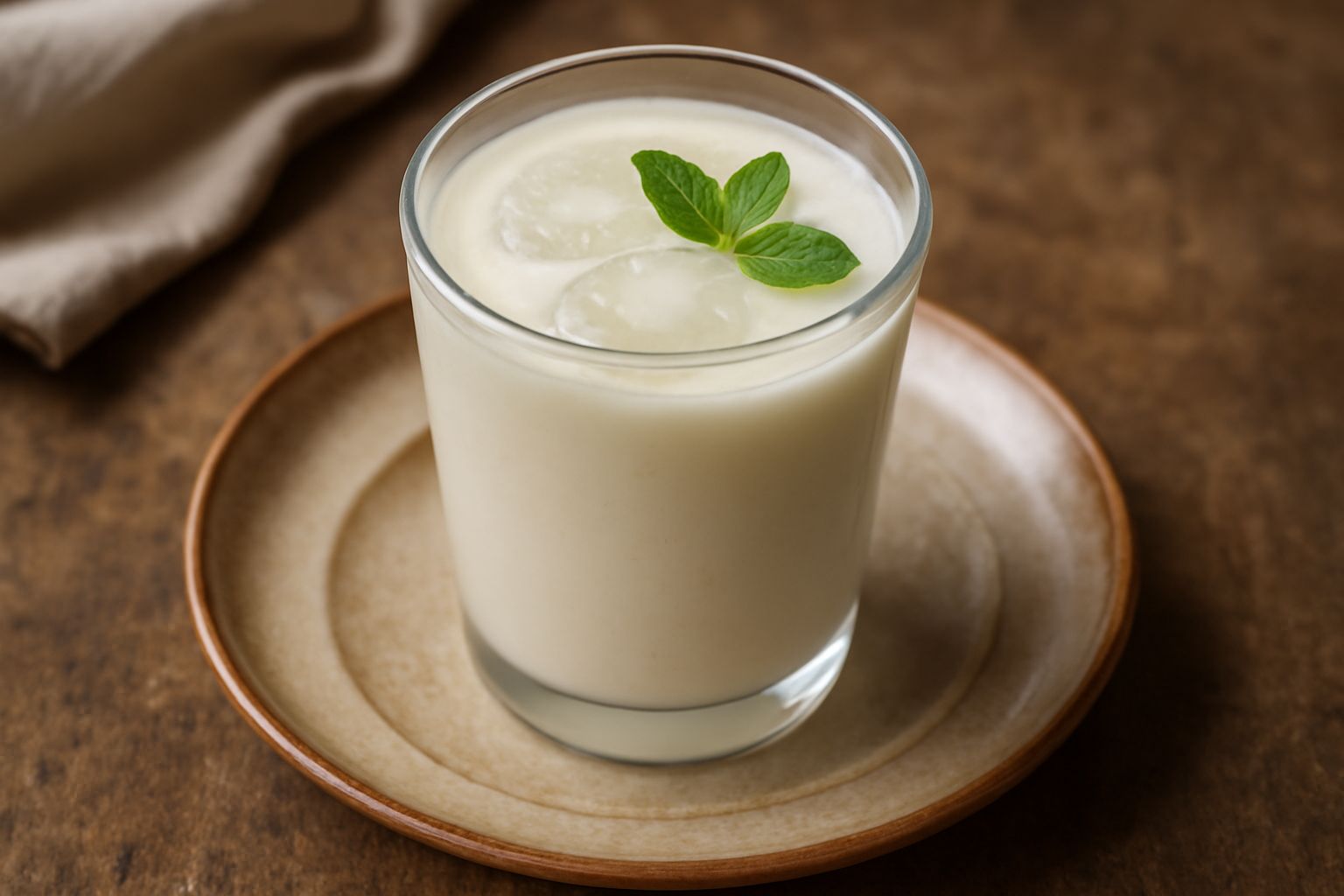 Bicchiere alto con bevanda cremosa bianca lattea, ghiaccio trasparente, guarnito con mandorla intera sulla superficie, fondo sfocato bianco, servito su piatto bianco