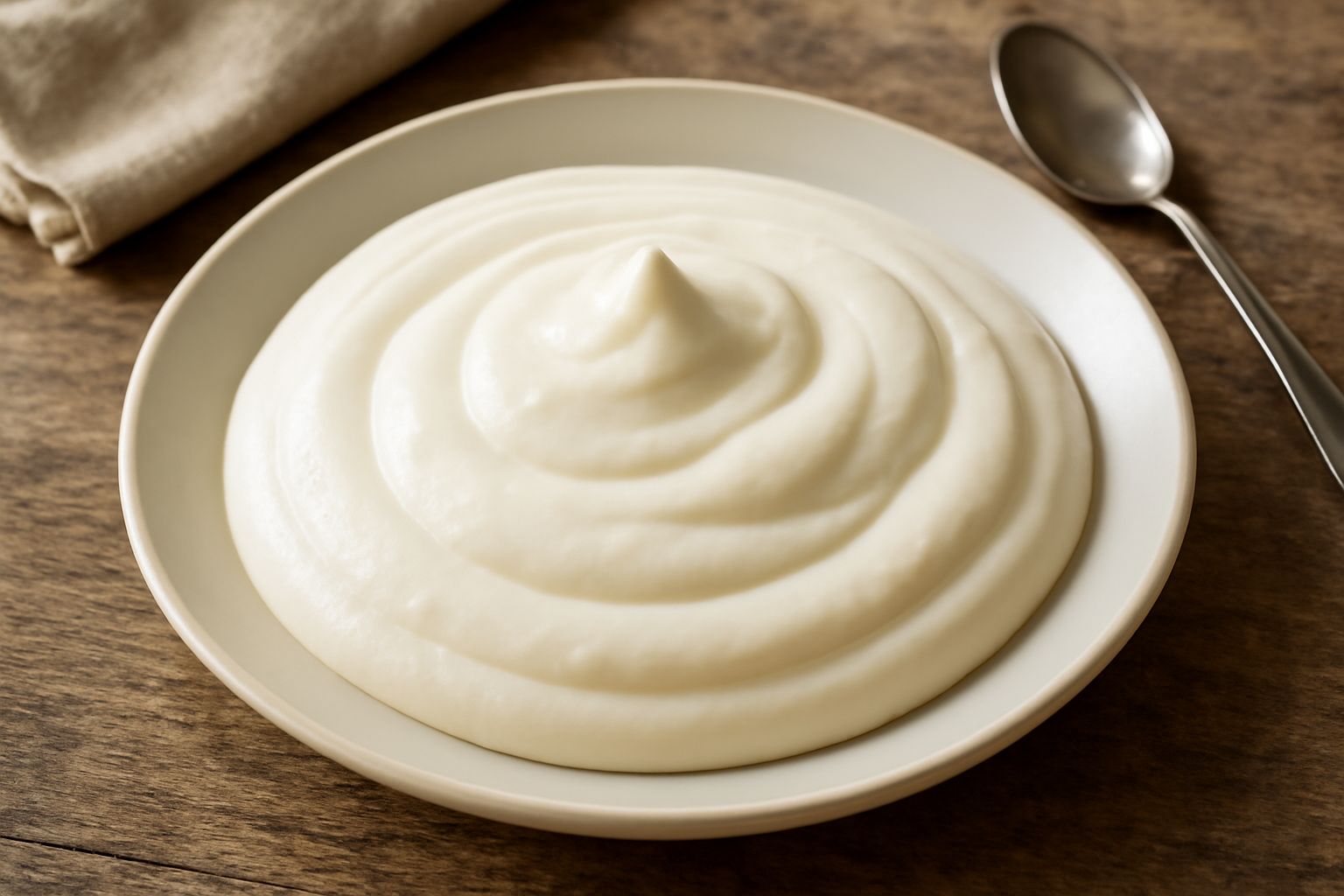 Una ciotola di biancame color bianco crema con superficie liscia e lucida, servita con un cucchiaio di legno, su sfondo di marmo grigio con ingredienti sparsi: uova, zucchero, latte fresco