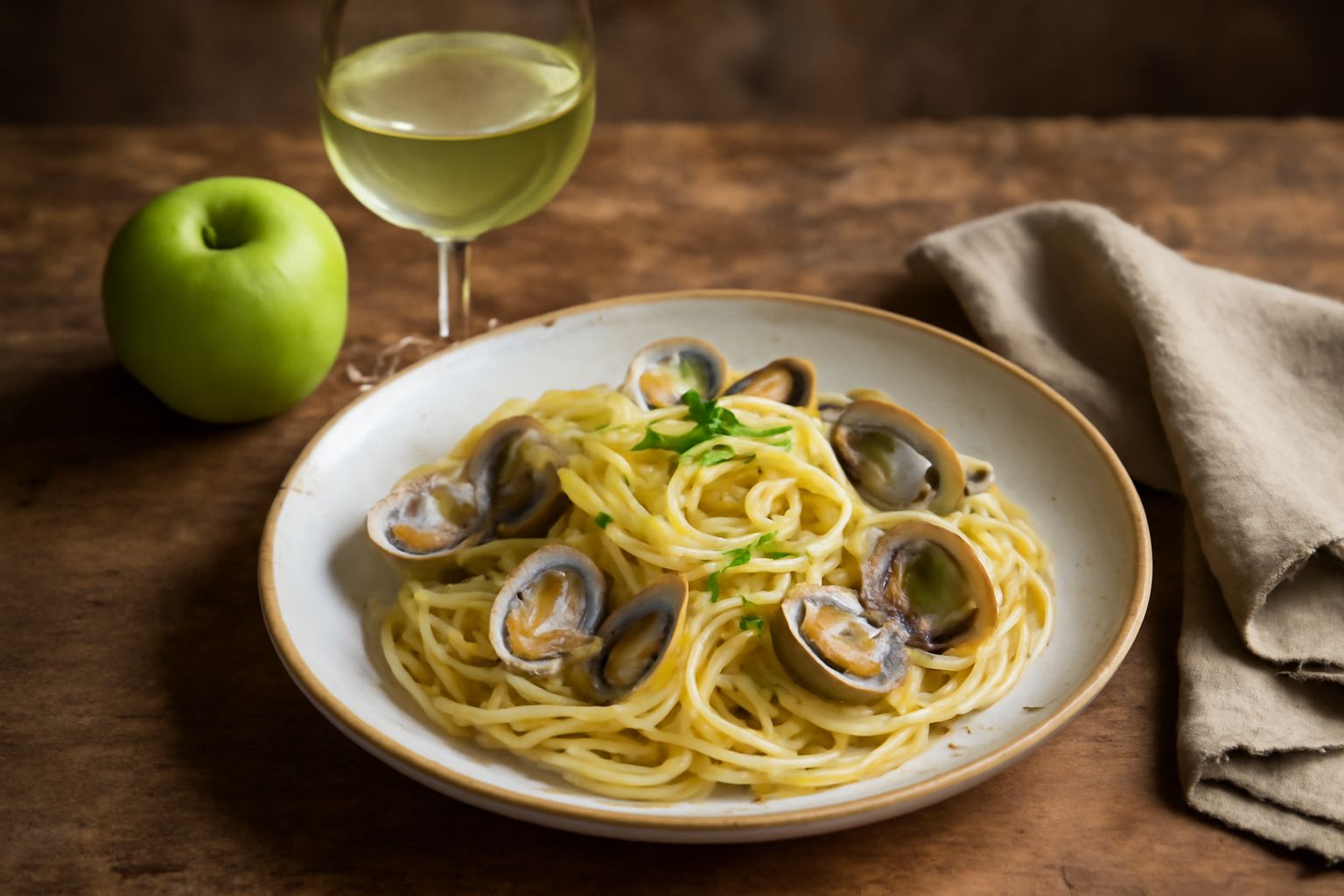 Bicchiere di vino bianco Bianchello del Metauro servito freddo con riflessi dorati, accanto a una bottiglia di vino e piatto di pesce fresco al forno