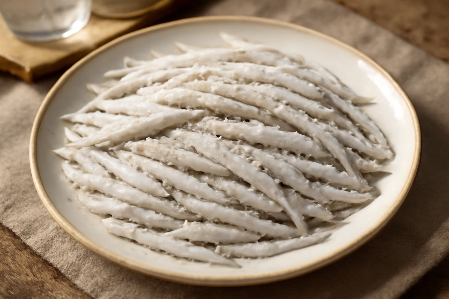 Bianchetti salati bianchi e argento disposti in un piatto bianco, ricoperti leggermente di cristalli di sale marino, con buccia traslucida intatta e occhio nero visibile, accompagnati da fettine di li