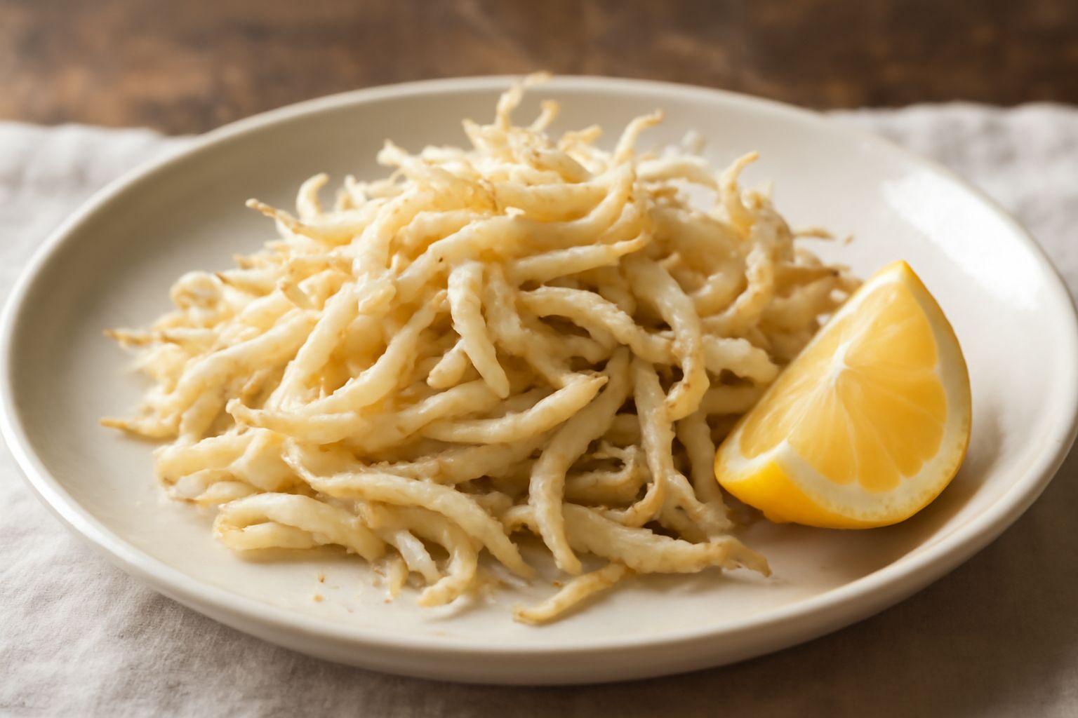 Bianchetti fritti dorati disposti su un piatto bianco con limone tagliato a spicchi e prezzemolo fresco, contorno di insalata verde
