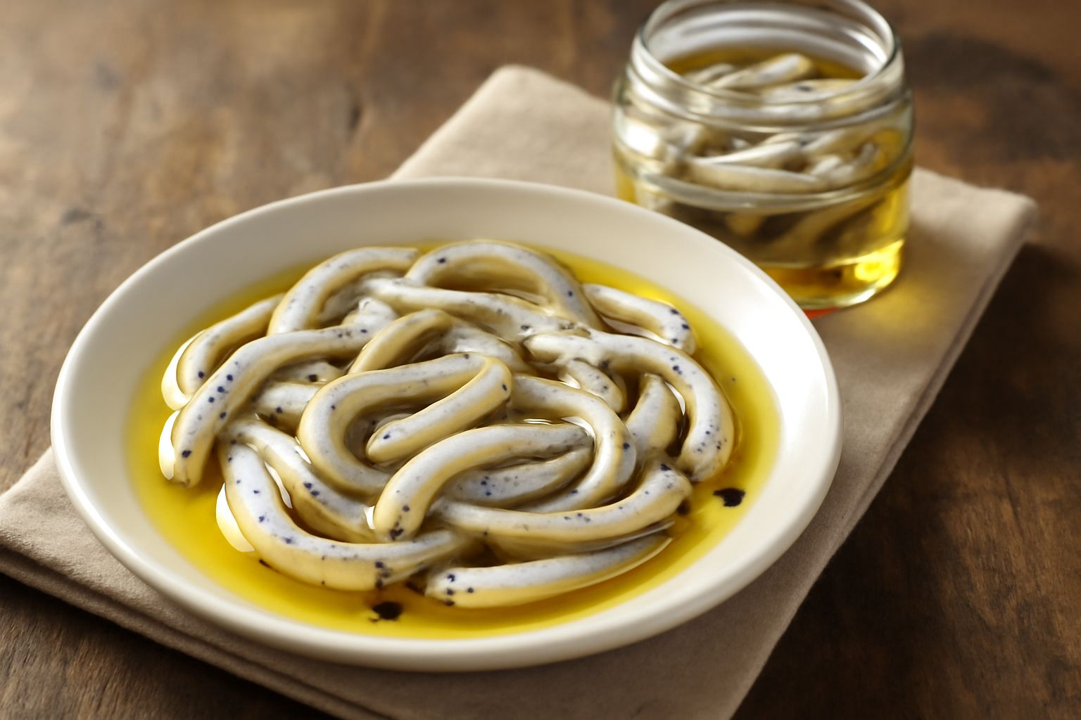 Bianchetti sott'olio in un barattolo di vetro trasparente, piccoli pesci bianchi argento immersi in olio dorato, guarniti con aglio spicchi e qualche foglia di alloro, su un tavolo in legno naturale
