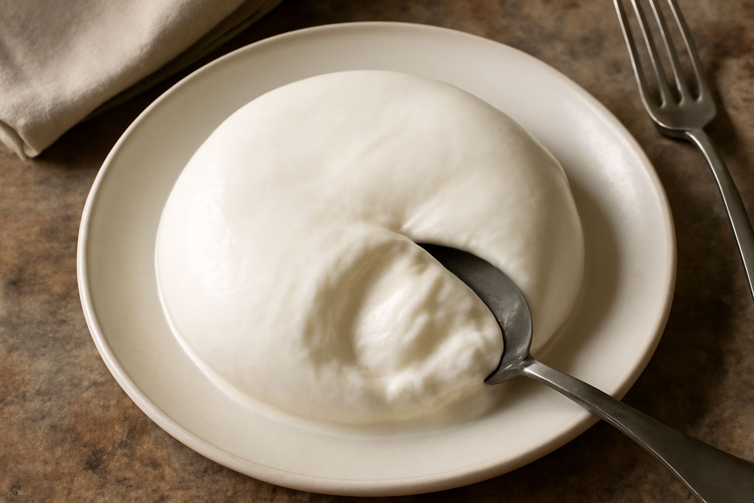 Formaggio Bianco di Sassari bianco puro servito nel piatto con filo di miele dorato, grani di pepe nero e foglie di menta fresca, contorno di pane casereccio tostato