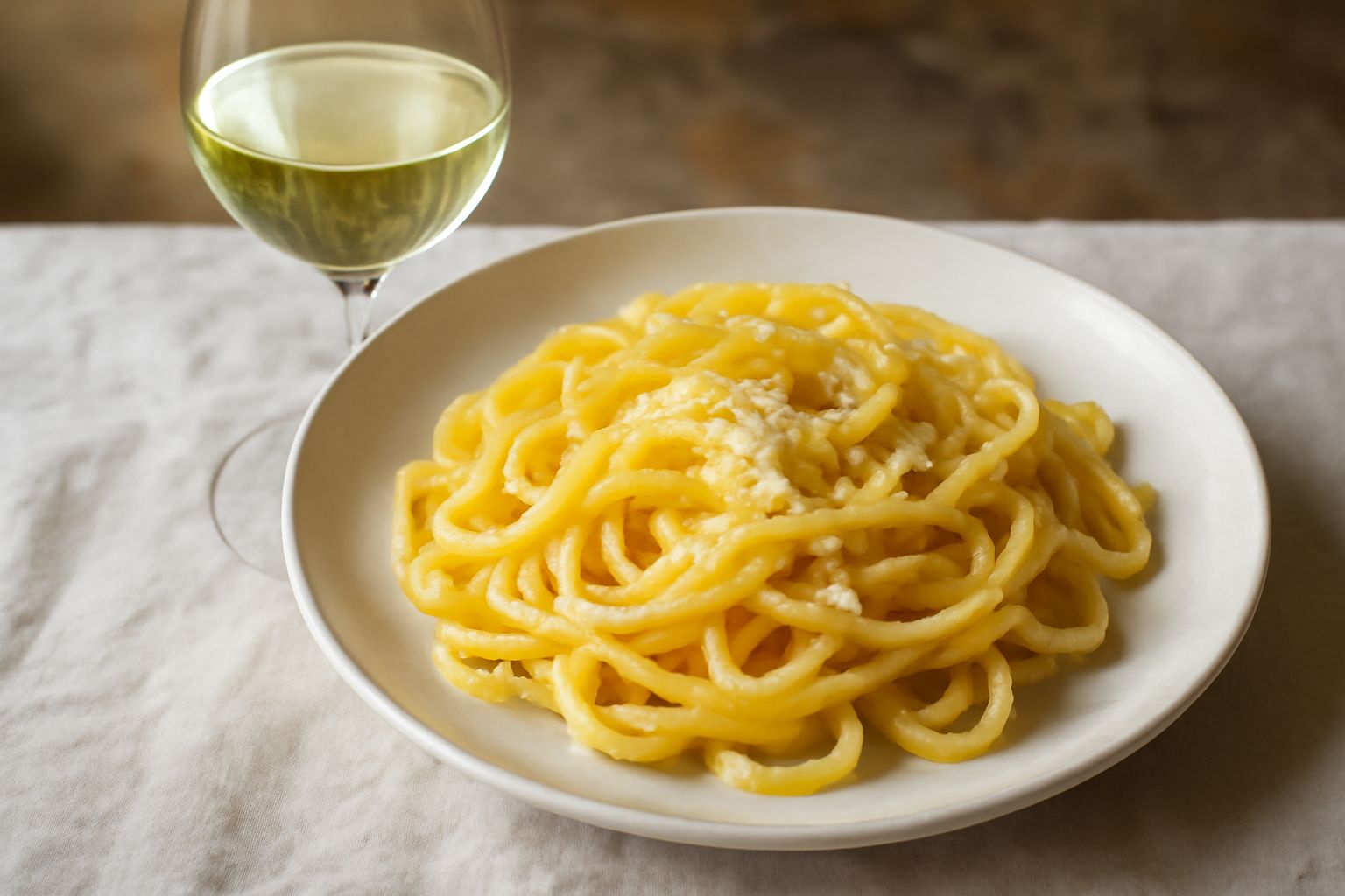 Calice di vino bianco Bianco Vergine Valdichiana trasparente e luminoso, con riflessi dorati, servito su tavolo di legno accanto a pane toscano e formaggi freschi bianchi