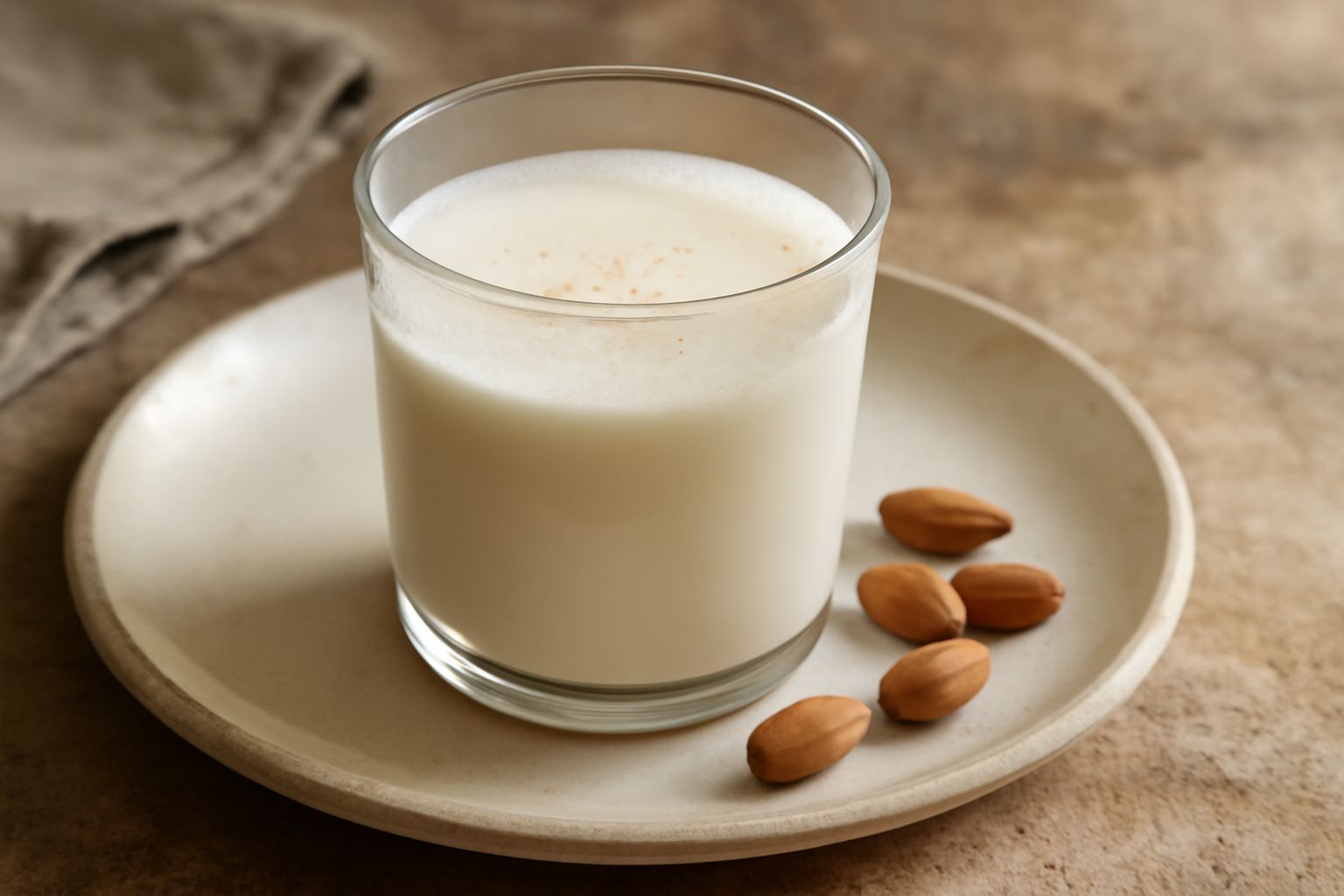 Bicchiere trasparente con bibita di mandorla bianco crema, schiuma leggera in superficie, mandorle intere sparse accanto sul tavolo di legno, sfondo sfumato bianco
