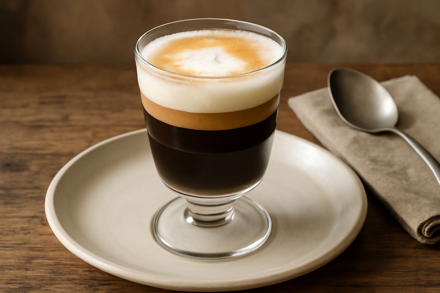 Bicerin torinese in bicchierino di vetro trasparente con strati ben definiti di cacao scuro in fondo, caffè al centro e schiuma di latte crema in superficie, sul piattino con un cucchiaino, sfondo neu