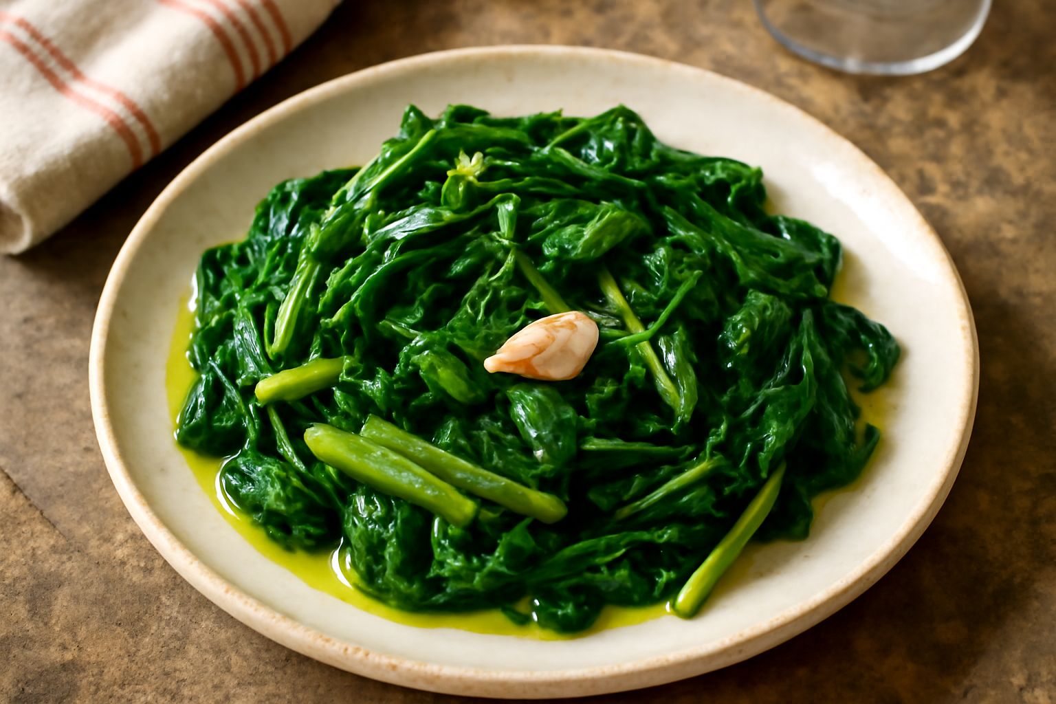 Bieta ripassata nel piatto: foglie verde scuro brillante, ripiegate dolcemente, con aglio leggermente dorato e filamenti di olio che brillano sulla superficie